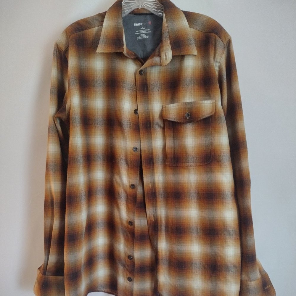mens button up brown/plaid long sleeve shirt